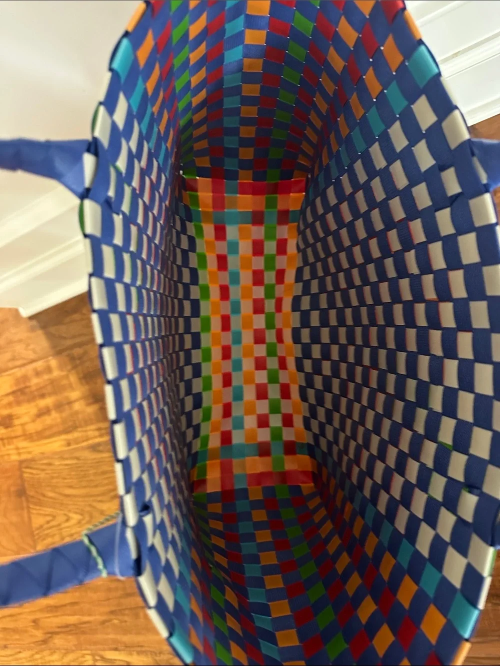NWT FARM Rio Blue Checkered Woven Tote with Red Floral Motif
